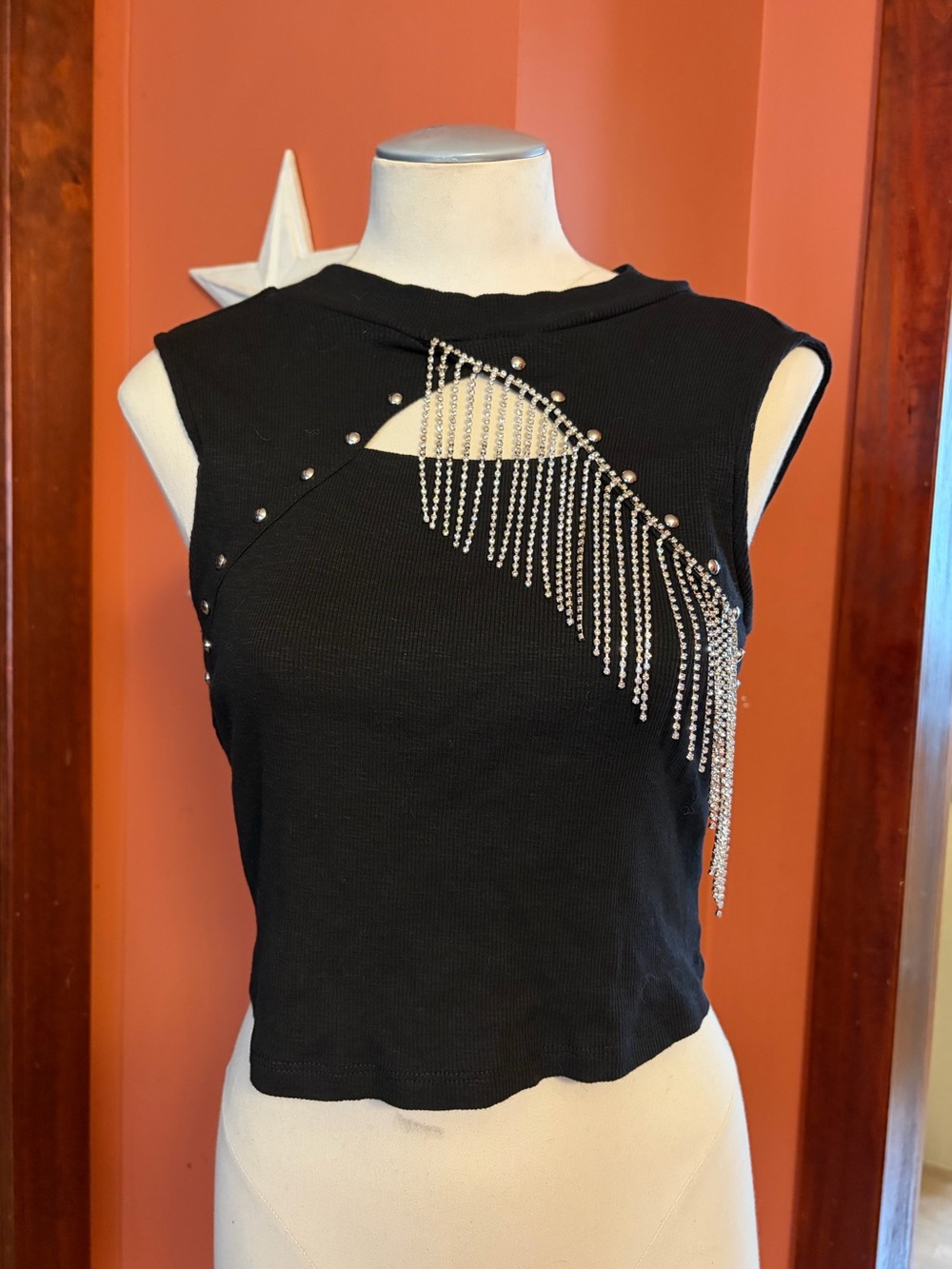 Blue b. Black Rhinestone Fringe Cutout Crop Top
